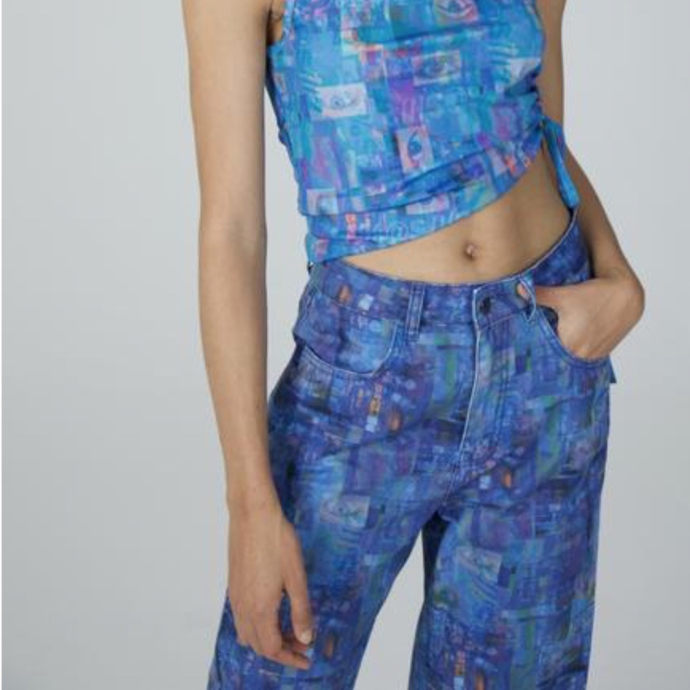Ragged Priest "Info Flares" Blue Abstract Print Pants